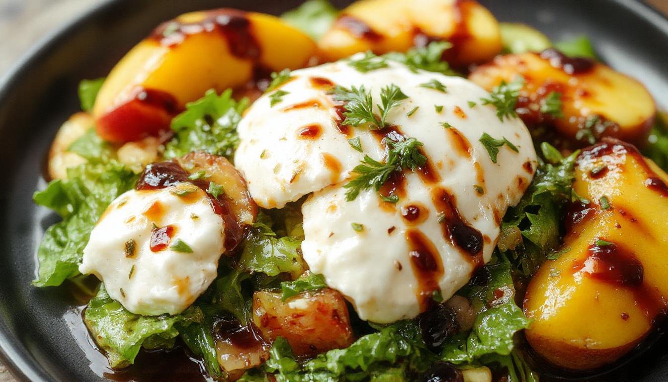 A vibrant peach and burrata salad featuring ripe peach slices, creamy burrata cheese, fresh green arugula, and a glossy balsamic glaze drizzled on top, arranged on a white ceramic plate with a rustic wooden background and a sprinkling of fresh herbs.