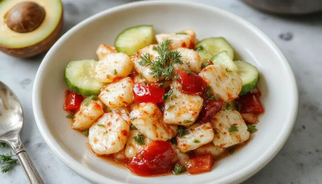 A vibrant Thai cucumber salad served in a white bowl, featuring thinly sliced crisp cucumbers drizzled with a tangy lime dressing, garnished with chopped peanuts and fresh cilantro, with colorful chili flakes sprinkled on top and a background of a wooden table and fresh herbs.