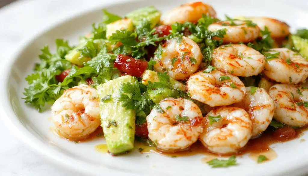 A vibrant Plate featuring plump shrimp coated in a bright green cilantro lime dressing, garnished with fresh avocado slices, cherry tomatoes, and cilantro, arranged artfully on a white ceramic plate with a lime wedge on the side, all set against a vibrant summer table setting.
