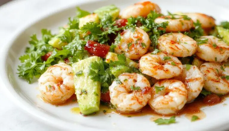 A vibrant Plate featuring plump shrimp coated in a bright green cilantro lime dressing, garnished with fresh avocado slices, cherry tomatoes, and cilantro, arranged artfully on a white ceramic plate with a lime wedge on the side, all set against a vibrant summer table setting.
