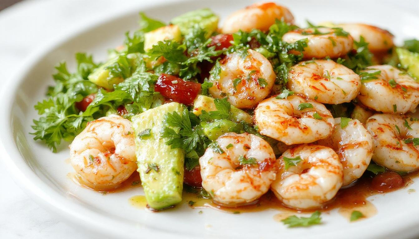 A vibrant Plate featuring plump shrimp coated in a bright green cilantro lime dressing, garnished with fresh avocado slices, cherry tomatoes, and cilantro, arranged artfully on a white ceramic plate with a lime wedge on the side, all set against a vibrant summer table setting.