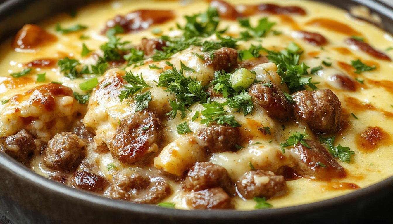 A savory Philly Cheesesteak Casserole served in a rustic baking dish. The casserole features a golden-brown top with melted cheese bubbling around tender strips of beef, colorful peppers, and onions. Slices reveal layers of seasoned meat, melted cheese, and finely chopped vegetables, creating a inviting and hearty presentation.