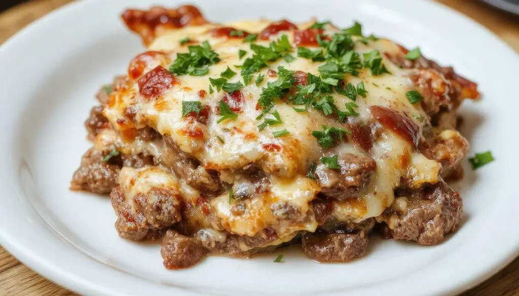 A savory low-carb Philly cheesesteak casserole in a rectangular glass baking dish, topped with melted cheese, thinly sliced beef, colorful bell peppers, and onions, garnished with fresh herbs, and served hot with a crispy golden edges.
