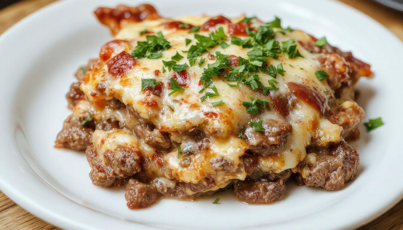 A savory low-carb Philly cheesesteak casserole in a rectangular glass baking dish, topped with melted cheese, thinly sliced beef, colorful bell peppers, and onions, garnished with fresh herbs, and served hot with a crispy golden edges.