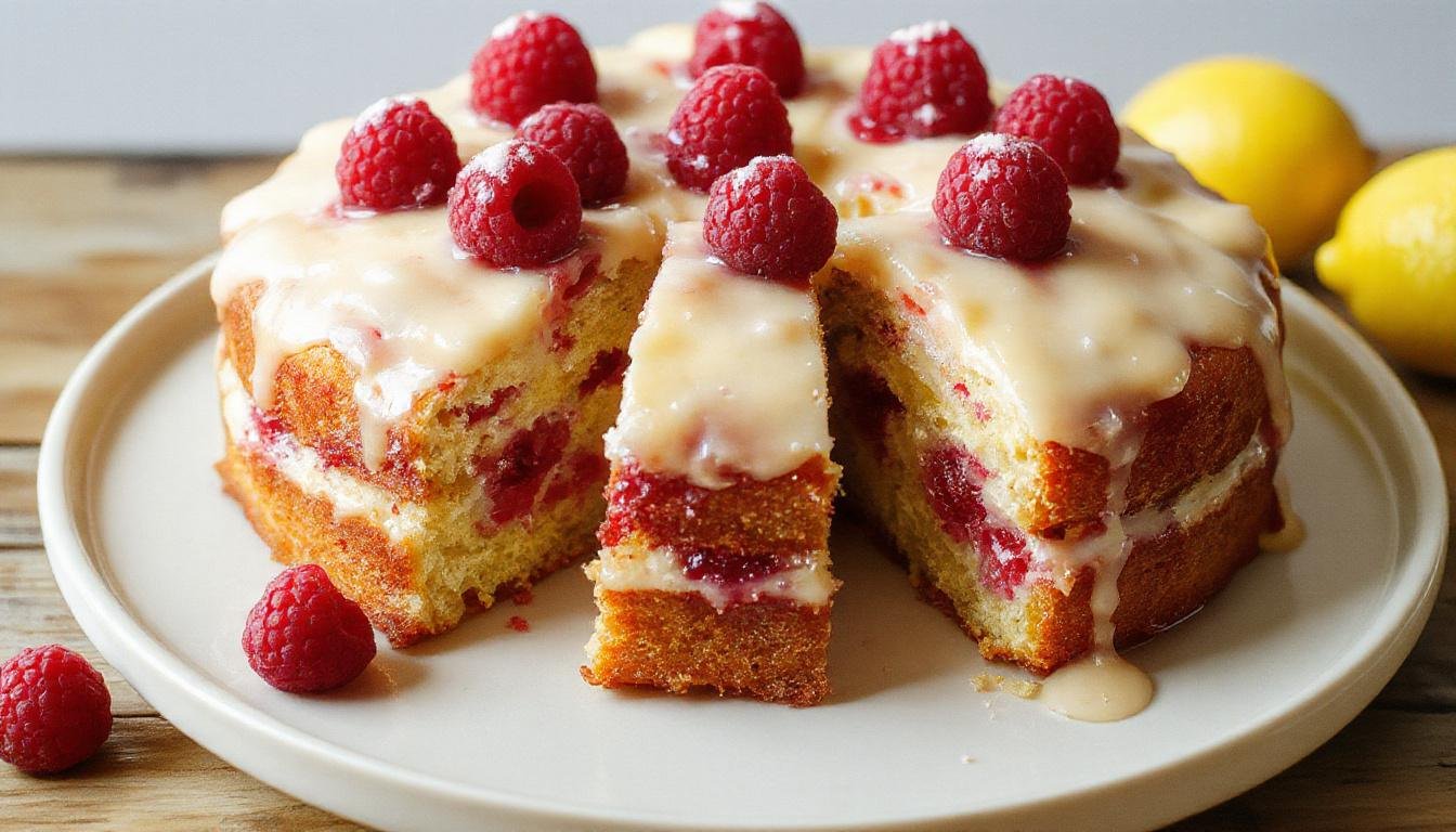 A beautifully layered lemon raspberry cake displayed on a white cake stand. The cake is topped with fresh raspberries and lemon zest, with a smooth, glossy lemon glaze drizzling down the sides. The vibrant red raspberries contrast with the bright yellow lemon-flavored layers, and the cake is garnished with delicate mint leaves. The background features a softly blurred garden scene, highlighting the freshness and summery appeal of the dessert.