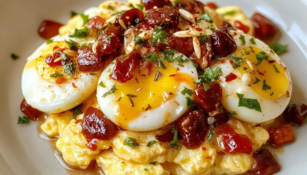 A close-up of Mediterranean scrambled eggs served on a white plate, featuring fluffy golden eggs mixed with vibrant red cherry tomatoes, chopped green herbs, and crumbled feta cheese. The dish is garnished with fresh parsley and presented with toasted bread slices in the background, showcasing a colorful and appetizing breakfast presentation.