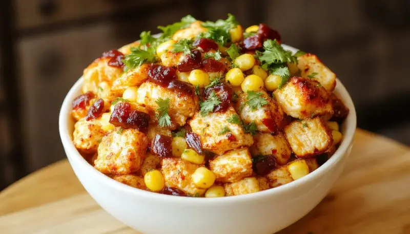 A vibrant Mexican street corn chicken bowl featuring grilled chicken slices atop creamy, charred corn kernels sprinkled with chopped cilantro and crumbled cheese, garnished with lime wedges and served in a rustic bowl. The dish showcases a colorful mix of yellow corn, green herbs, and tender chicken, with a smoky, appetizing presentation.