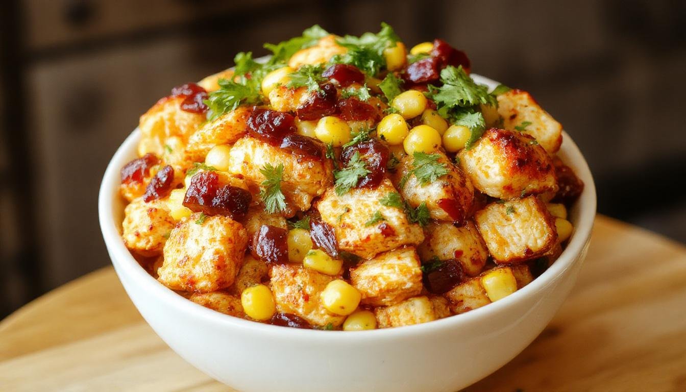 A vibrant Mexican street corn chicken bowl featuring grilled chicken slices atop creamy, charred corn kernels sprinkled with chopped cilantro and crumbled cheese, garnished with lime wedges and served in a rustic bowl. The dish showcases a colorful mix of yellow corn, green herbs, and tender chicken, with a smoky, appetizing presentation.