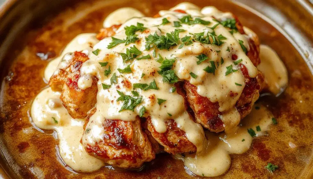 A plate of Middle Eastern Chicken Shawarma featuring sliced, marinated chicken with a golden-brown exterior, garnished with fresh herbs and served alongside a small bowl of creamy garlic sauce. The dish is presented on a rustic platter with vibrant sauces and fresh vegetables, with the crispy edges of the chicken contrasting against the tender, juicy interior.