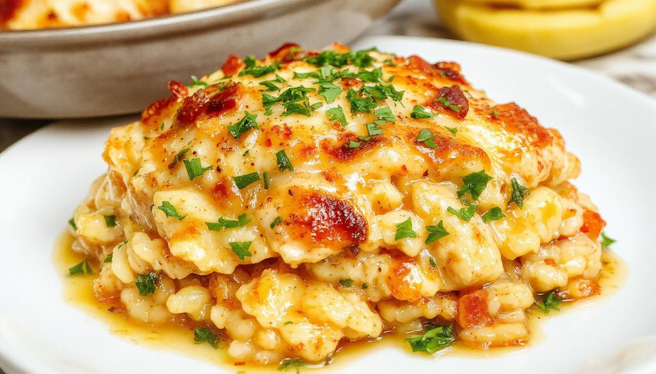 A golden-brown baked casserole with crispy edges, topped with melting cheese and garnished with fresh parsley. The dish reveals tender pieces of chicken and creamy rice, presented in a rustic white casserole dish on a wooden table, with a spoon partially inserted to show the rich, cheesy interior.