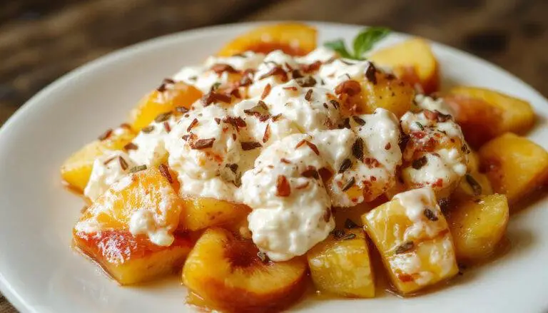 A vibrant peach-colored salad in a clear glass bowl, garnished with fresh mint leaves and delicate cream cheese dollops on top, with sliced peaches and a drizzle of honey visible around the edges, set on a rustic wooden table.