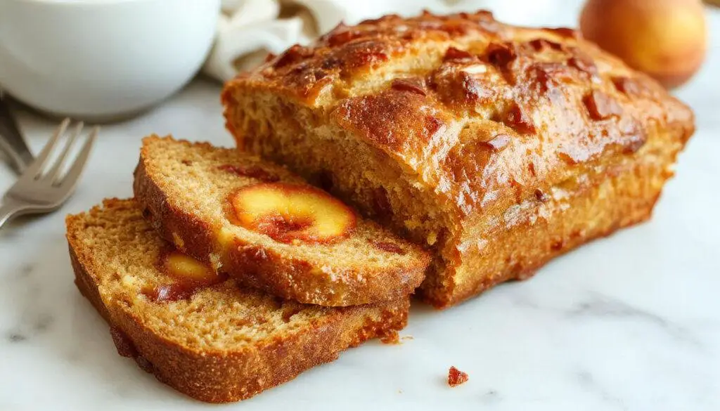 A golden-brown slice of moist Southern Peach Bread placed on a rustic white plate, topped with fresh peach slices and a dusting of powdered sugar, garnished with a sprig of mint. The loaf is shown beside a small bowl of peach compote, with a soft-focus background of a cozy breakfast table setting featuring a cup of coffee and a linen napkin.