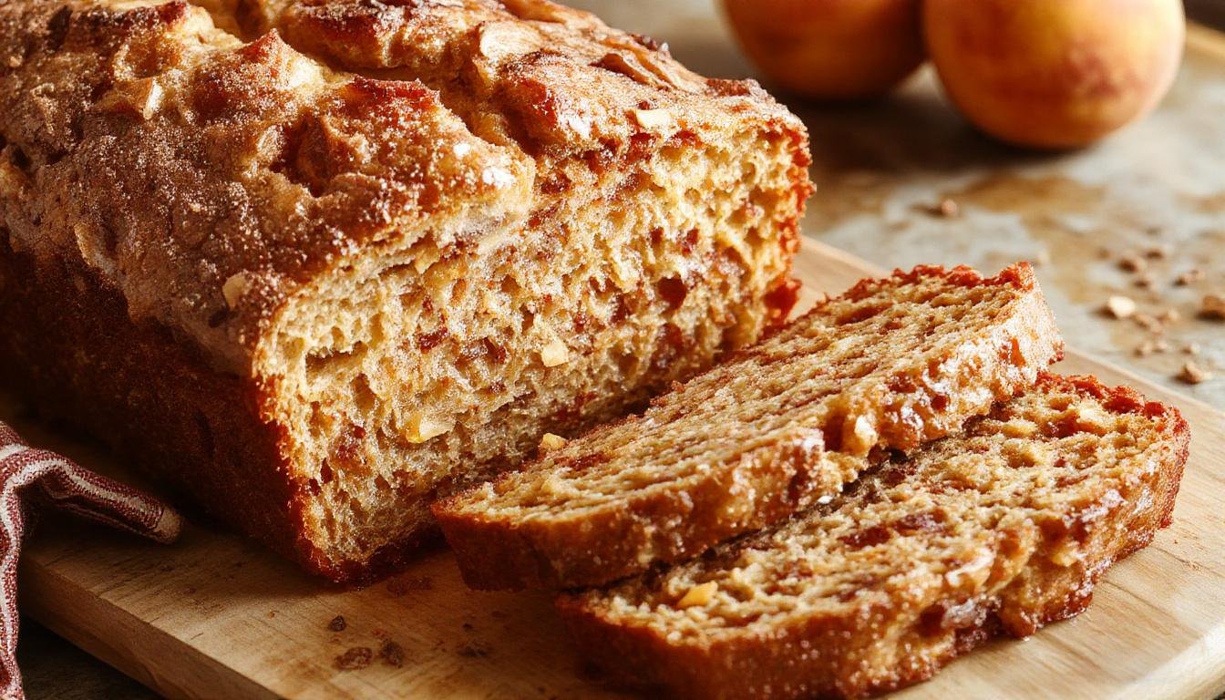 A slice of moist cinnamon peach bread with a golden-brown crust, showcasing swirls of cinnamon and chunks of ripe peaches topped with a dusting of cinnamon. The bread is presented on a rustic wooden board with a sprig of fresh mint and a scattering of cinnamon powder, highlighting its warm, inviting appearance and textured crumb.