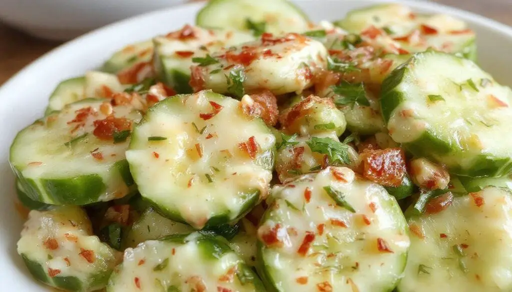 A vibrant bowl of creamy cucumber salad featuring thinly sliced cucumbers coated in a smooth, pale dressing, garnished with chopped herbs. The salad is presented in a rustic white bowl on a wooden surface, with droplets of dressing glistening and fresh herbs adding a splash of green for contrast.