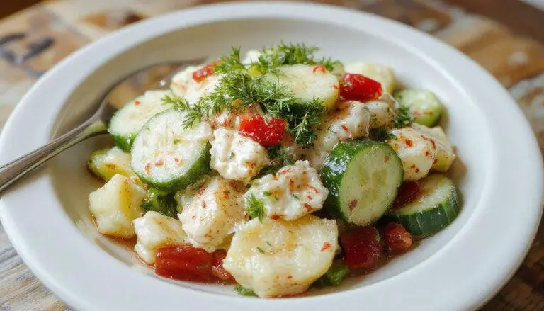 A vibrant bowl of creamy cucumber salad featuring thinly sliced crisp cucumbers coated in a smooth, white dressing with fresh herbs sprinkled on top. The salad is garnished with a sprig of dill and placed on a rustic wooden table, with a few cucumber slices and herbs visible around the bowl.