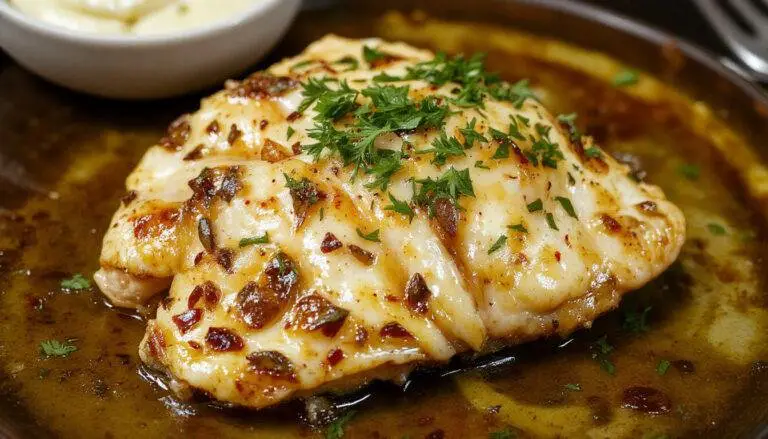 A close-up of a golden-brown chicken breast topped with a generous dollop of melted, buttery garlic sauce, garnished with fresh herbs on a rustic wooden plate.