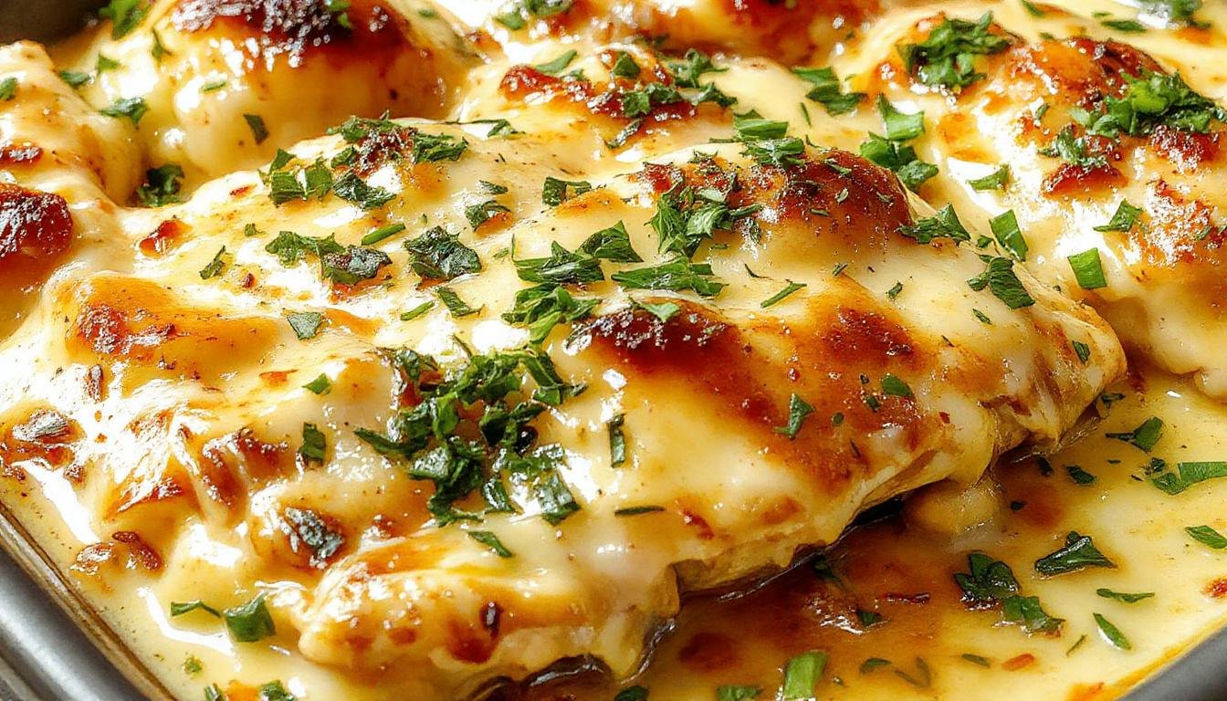 A golden-brown baked chicken casserole topped with melted cheese and crispy breadcrumbs, served in a rustic white ceramic dish. The dish features tender chicken pieces, creamy sauce, and a cheesy crust, garnished with fresh herbs, against a neutral background with a wooden table surface.