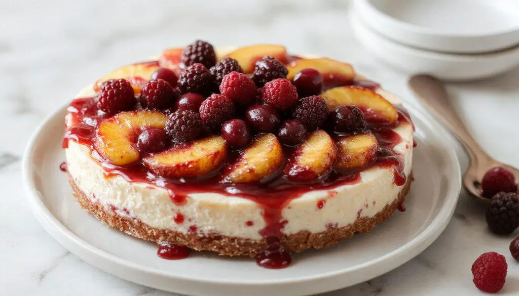 A slice of no-bake berry peach cheesecake on a white plate, topped with fresh mixed berries and peach slices, with a smooth creamy texture and a graham cracker crust visible beneath. Brightly colored berries contrast with the soft peach slices, all garnished with a sprig of mint and drizzled with a light glaze.