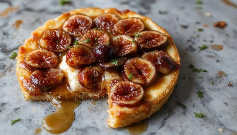 A beautifully plated no-bake tart featuring caramelized figs arranged atop a creamy mascarpone filling in a golden-brown crust. The figs are glistening with caramel, and the tart is garnished with a dusting of powdered sugar and fresh mint leaves. The background is softly blurred to emphasize the elegant presentation, highlighting the rich textures and vibrant colors of the dessert.