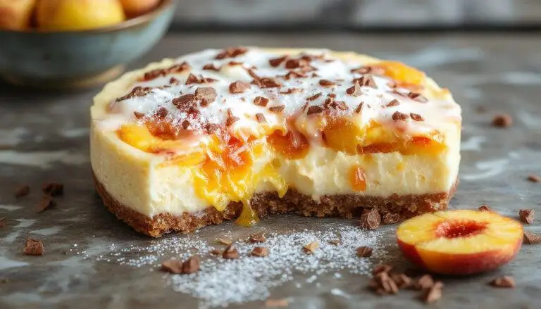 A slice of no-fuss no-bake peach cheesecake on a white plate, topped with fresh peach slices and a sprig of mint. The cheesecake has a creamy, smooth texture with a golden graham cracker crust visible at the bottom, set against a light, summery background with soft natural lighting highlighting the luscious peaches and the glossy glaze.
