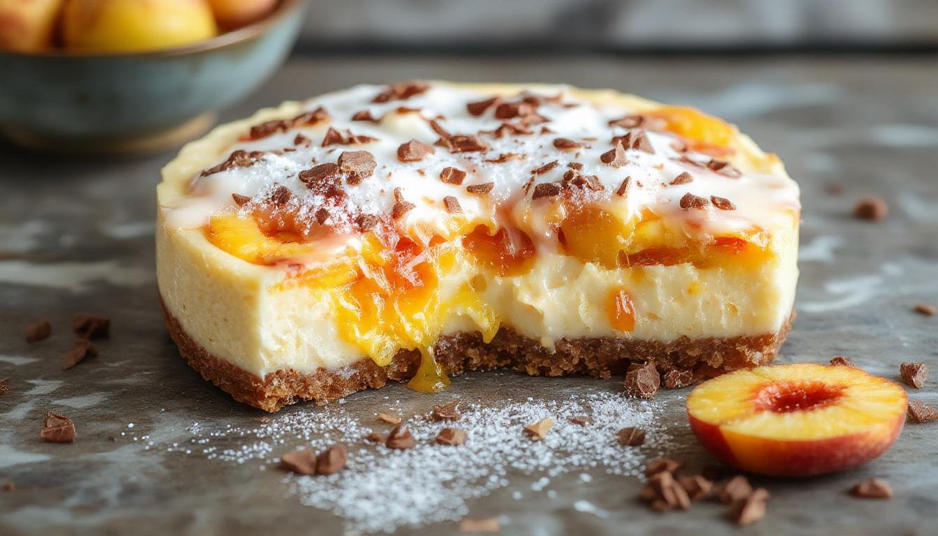 A slice of no-fuss no-bake peach cheesecake on a white plate, topped with fresh peach slices and a sprig of mint. The cheesecake has a creamy, smooth texture with a golden graham cracker crust visible at the bottom, set against a light, summery background with soft natural lighting highlighting the luscious peaches and the glossy glaze.