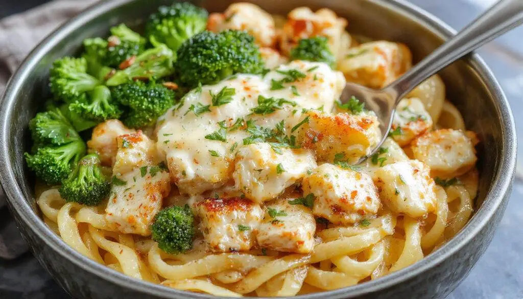 A close-up shot of a skillet filled with creamy pasta, topped with melted cheese, tender chunks of chicken, bright green broccoli florets, and a sprinkle of fresh herbs, all beautifully arranged on a rustic wooden surface.