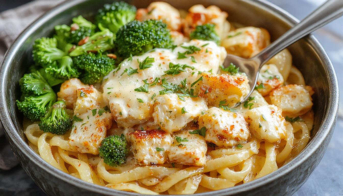 A close-up shot of a skillet filled with creamy pasta, topped with melted cheese, tender chunks of chicken, bright green broccoli florets, and a sprinkle of fresh herbs, all beautifully arranged on a rustic wooden surface.