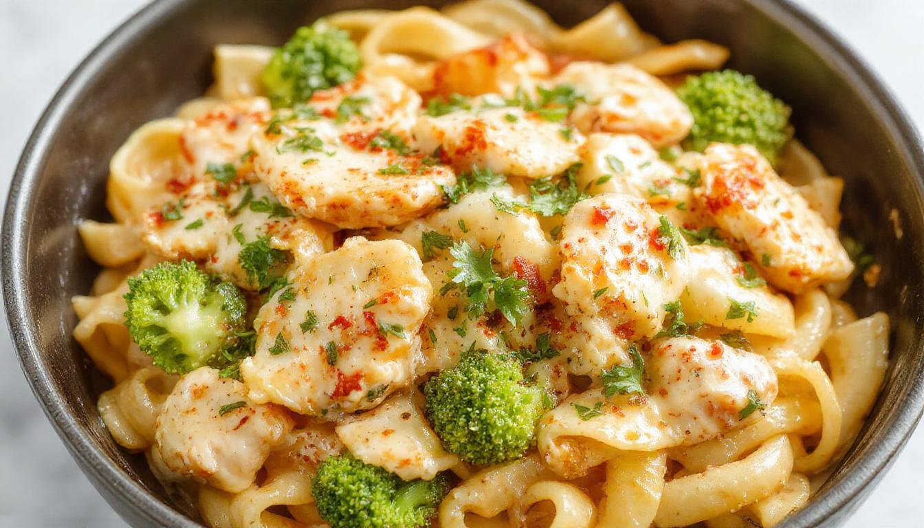 A vibrant skillet dish featuring tender pieces of chicken and bright green broccoli florets coated in a creamy, cheesy ranch sauce. The pasta is al dente, glistening, and the surface is bubbling with melted cheese, garnished with chopped herbs and a sprinkle of herbs for color contrast.