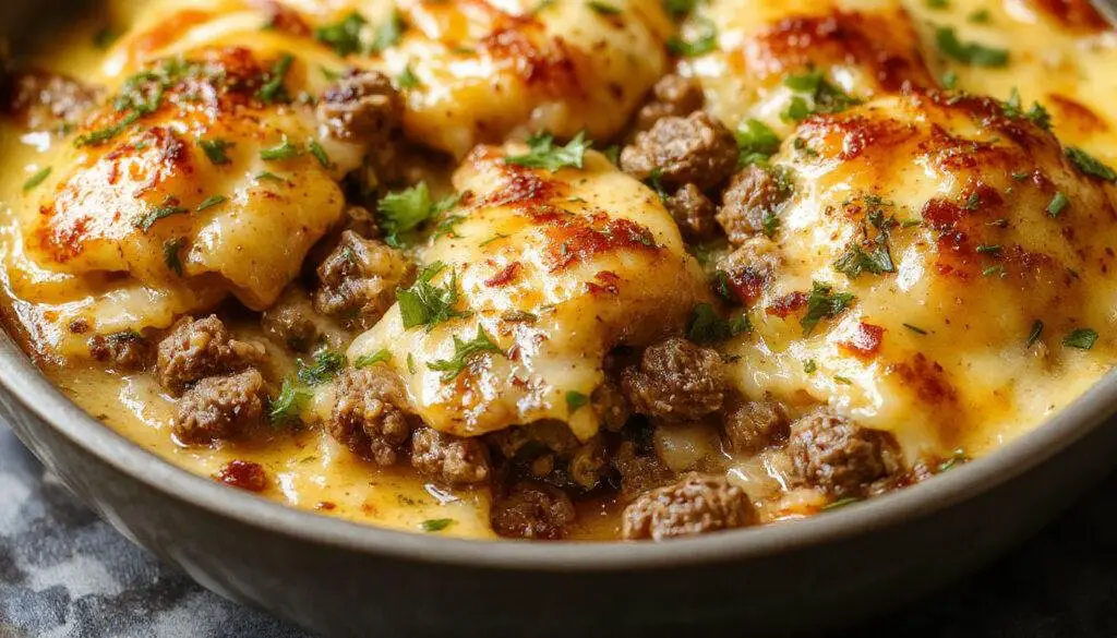 A hearty hobo casserole served in a rustic brown baking dish, featuring golden-brown mashed potatoes topped with seasoned ground beef and melted cheese, garnished with chopped green herbs. The dish exudes a warm, comforting appeal with its textured layers and inviting aroma.