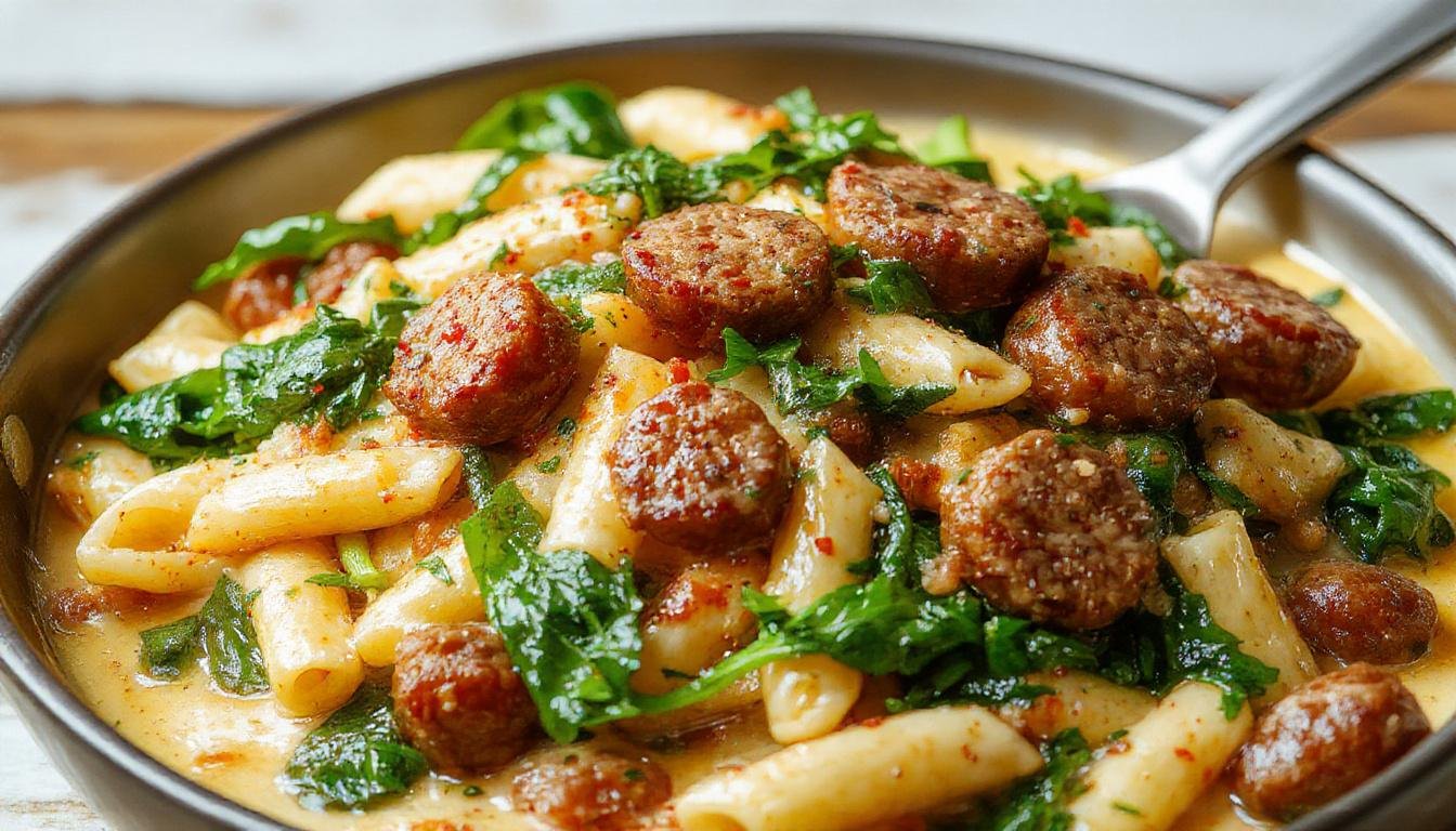 A close-up of a white bowl filled with creamy penne pasta topped with sautéed spinach and slices of Italian sausage. The pasta is coated in a rich, glossy sauce, with vibrant green spinach and golden-brown sausage slices adding color contrast. The dish is garnished with a sprinkle of grated cheese and fresh herbs, set against a rustic wooden table.