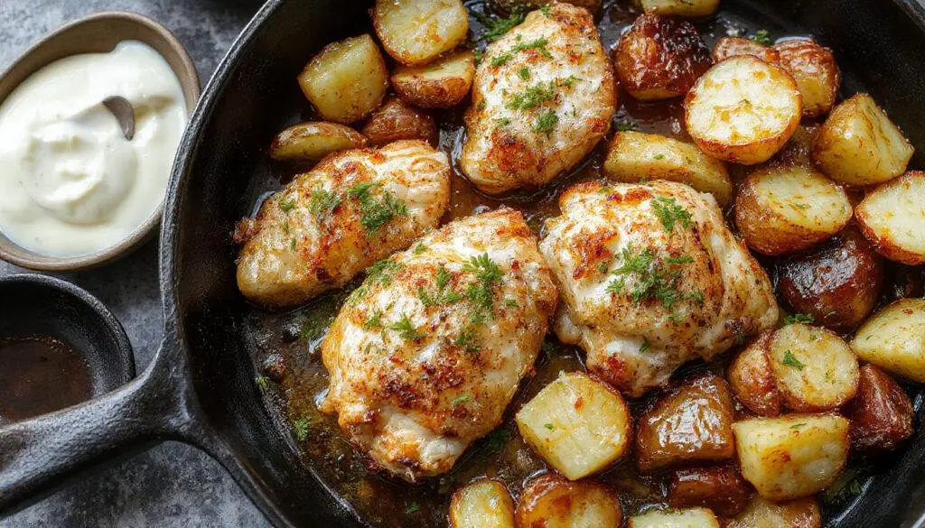 A sizzling skillet displays golden-brown crispy potatoes surrounding tender chicken breasts coated in a fragrant garlic Parmesan sauce, garnished with fresh parsley and grated cheese, with steam rising and a rustic wooden table beneath.
