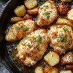 A sizzling skillet displays golden-brown crispy potatoes surrounding tender chicken breasts coated in a fragrant garlic Parmesan sauce, garnished with fresh parsley and grated cheese, with steam rising and a rustic wooden table beneath.