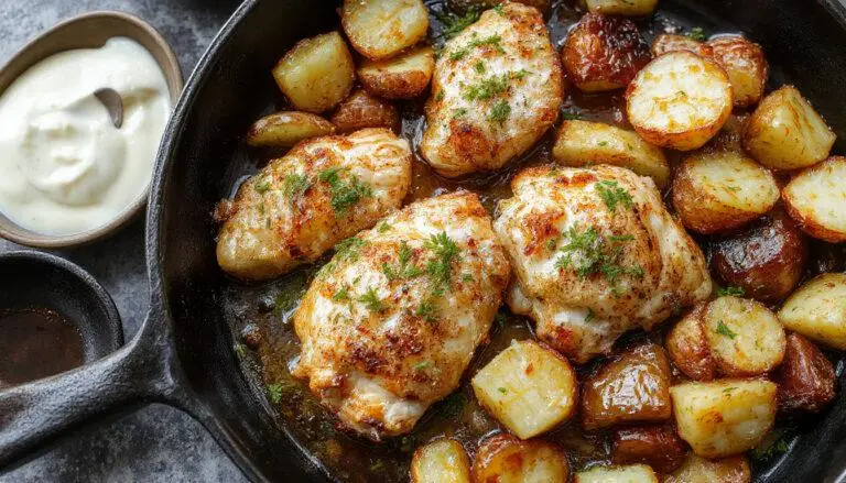 A sizzling skillet displays golden-brown crispy potatoes surrounding tender chicken breasts coated in a fragrant garlic Parmesan sauce, garnished with fresh parsley and grated cheese, with steam rising and a rustic wooden table beneath.
