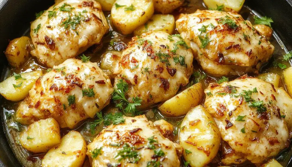 A sizzling skillet showcasing golden-brown chicken breasts topped with melted parmesan cheese, surrounded by roasted crispy potatoes, garnished with fresh parsley. The dish is vibrant and inviting, with a rich aroma emanating from the crispy edges and cheesy topping.