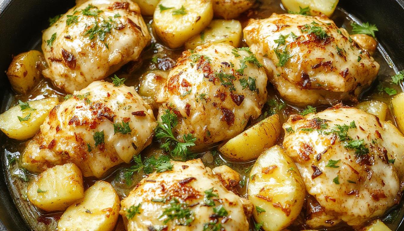 A sizzling skillet showcasing golden-brown chicken breasts topped with melted parmesan cheese, surrounded by roasted crispy potatoes, garnished with fresh parsley. The dish is vibrant and inviting, with a rich aroma emanating from the crispy edges and cheesy topping.