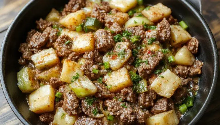 A rustic skillet filled with golden-brown caramelized cabbage and tender ground beef, garnished with chopped herbs. The dish showcases tender cabbage edges with a slight char and juicy beef crumbles all in a warm, inviting presentation.
