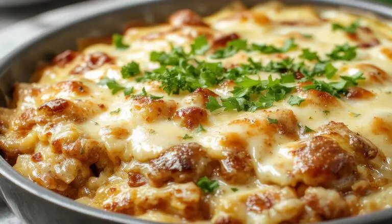 A golden-brown baked hobo casserole served in a rustic oval dish, topped with melted cheese and garnished with fresh herbs. Visible layers of seasoned ground beef, chunky potatoes, and vegetables create a hearty, inviting presentation with crispy edges and a cheesy, bubbly surface.