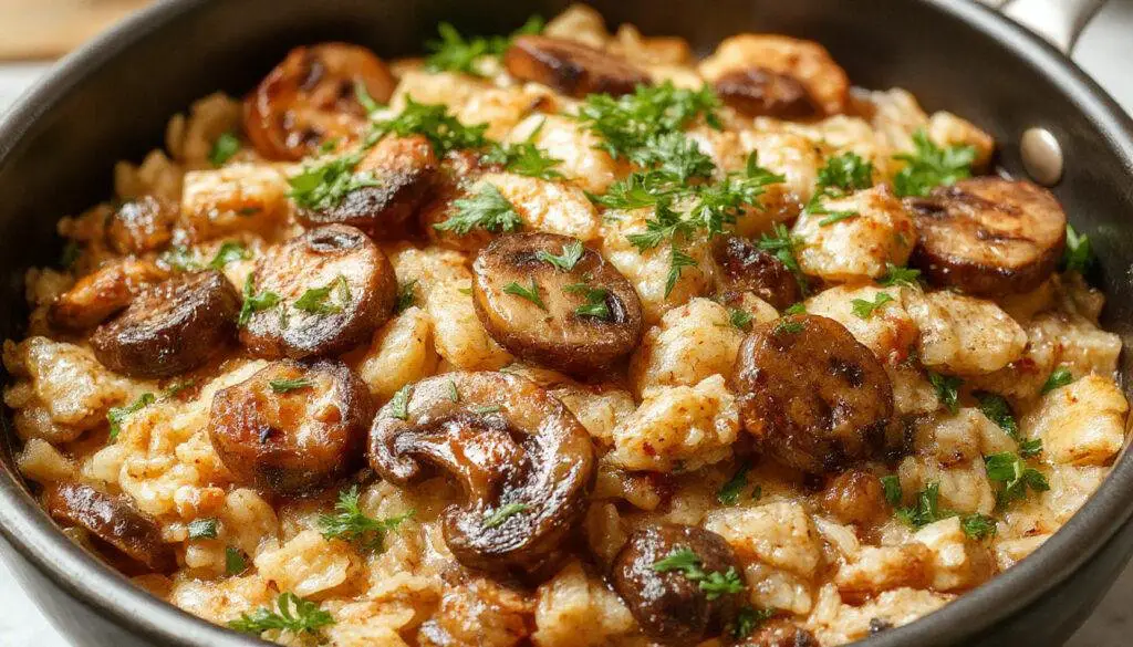 A vibrant skillet filled with fluffy rice topped with golden-brown sautéed mushrooms, chopped herbs, and a sprinkle of cheese. The dish is presented on a rustic wooden serving board with fresh herbs around it, emphasizing its hearty and savory appeal.