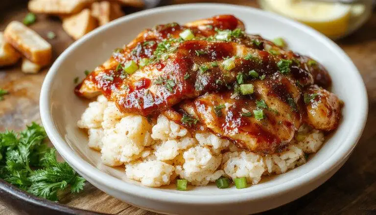 A vibrant high-angle shot of a single skillet featuring tender shredded chicken coated in smoky honey BBQ sauce, accompanied by fluffy rice. The dish is garnished with chopped fresh herbs and slices of green onion, with a glossy glaze on the chicken and a colorful presentation of the rice, herbs, and sauce all neatly arranged within a rustic skillet.