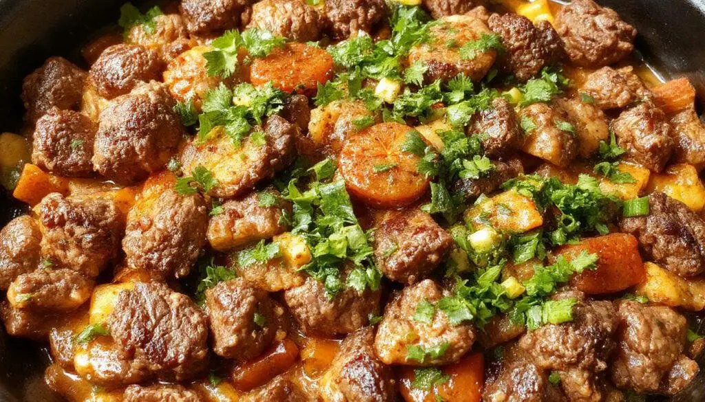 A vibrant skillet filled with seasoned ground beef, diced tomatoes, black beans, and colorful bell peppers, garnished with fresh cilantro and melted cheese, all neatly arranged in a rustic cast iron skillet with a background of warm, inviting lighting.