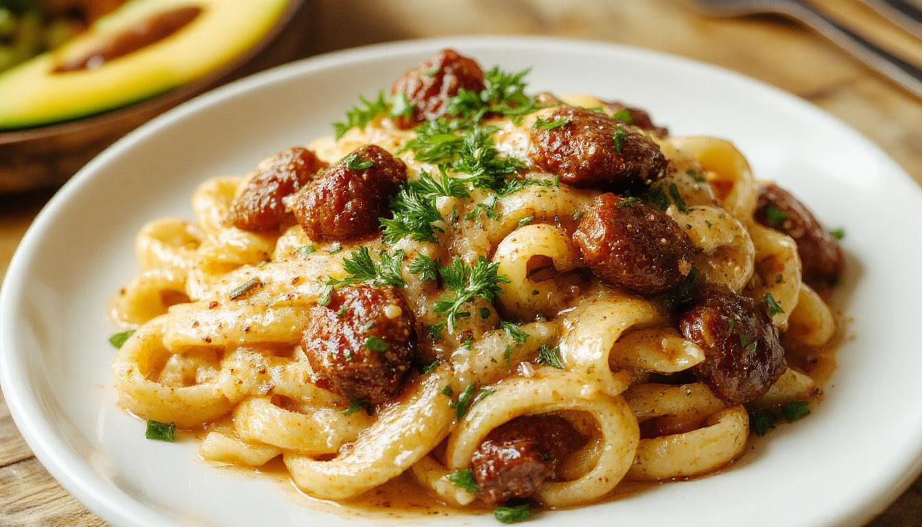 A close-up of creamy Cajun sausage pasta served in a rustic skillet. The pasta is coated in a rich, spicy sauce with slices of sausage, garnished with chopped green herbs. The dish features vibrant red and orange hues from the Cajun seasonings, with visible chunks of sausage and a sprinkle of fresh parsley on top, evoking a warm and hearty appearance.
