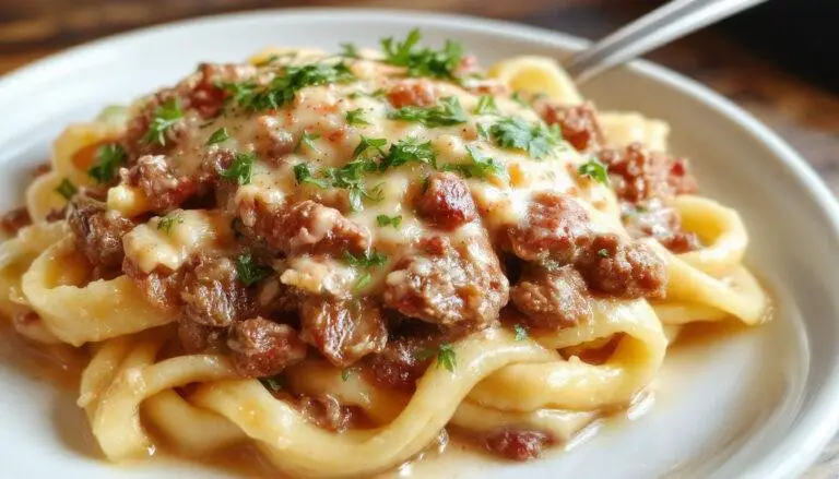 A generous serving of creamy ground beef pasta displayed on a rustic white plate. The pasta is coated in a rich, creamy sauce with finely browned ground beef, garnished with freshly chopped parsley. The dish's glossy texture and warm, beige hue contrast beautifully with the vibrant green herbs, set against a wooden table background.