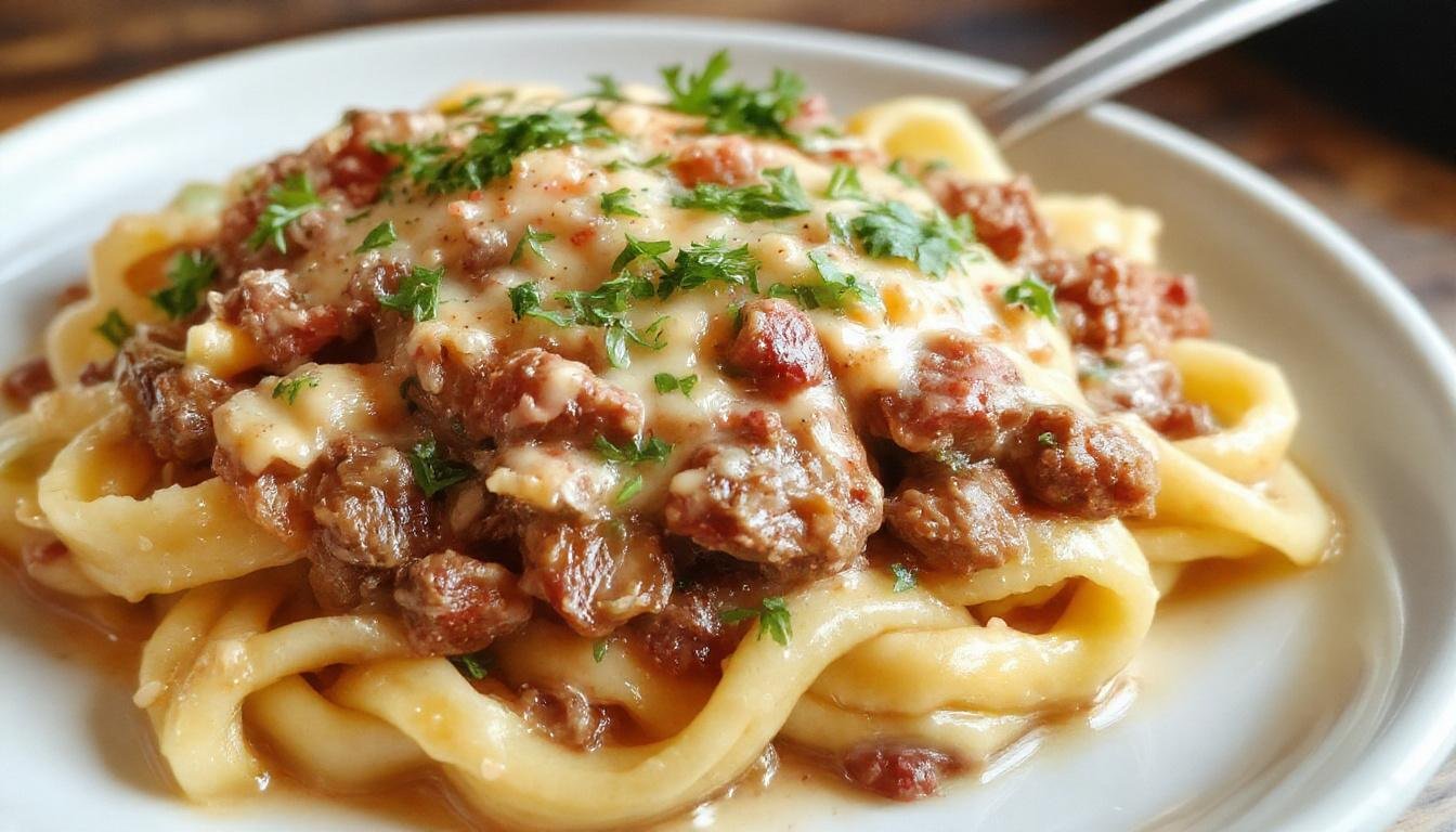 A generous serving of creamy ground beef pasta displayed on a rustic white plate. The pasta is coated in a rich, creamy sauce with finely browned ground beef, garnished with freshly chopped parsley. The dish's glossy texture and warm, beige hue contrast beautifully with the vibrant green herbs, set against a wooden table background.