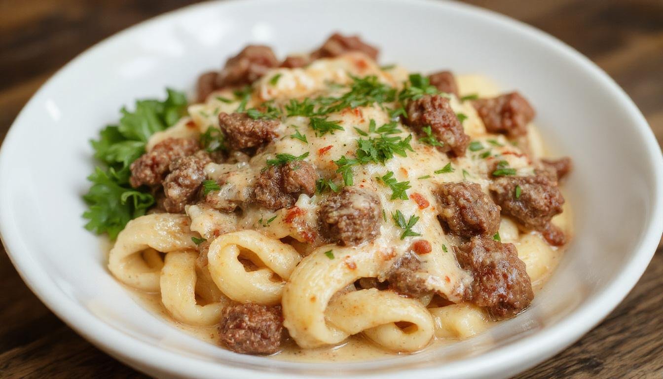 A steaming bowl of creamy ground beef and pasta topped with chopped fresh parsley, featuring tender pasta coated in a rich, buttery sauce with chunks of seasoned ground beef, garnished with grated cheese and herbs, presented on a rustic wooden table.