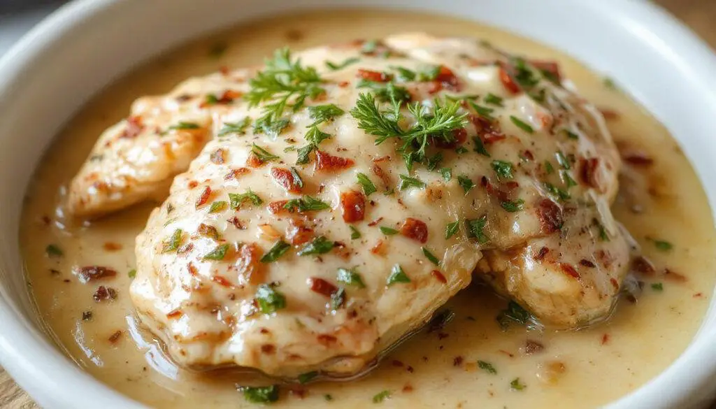 A creamy chicken dish served in a rustic white bowl topped with fresh herbs. The chicken is tender, coated in a rich, velvety whiskey cream sauce with hints of herbs and spices, garnished with chopped parsley. The presentation highlights the smooth sauce contrasting with the golden-brown chicken pieces, set against a wooden table background.