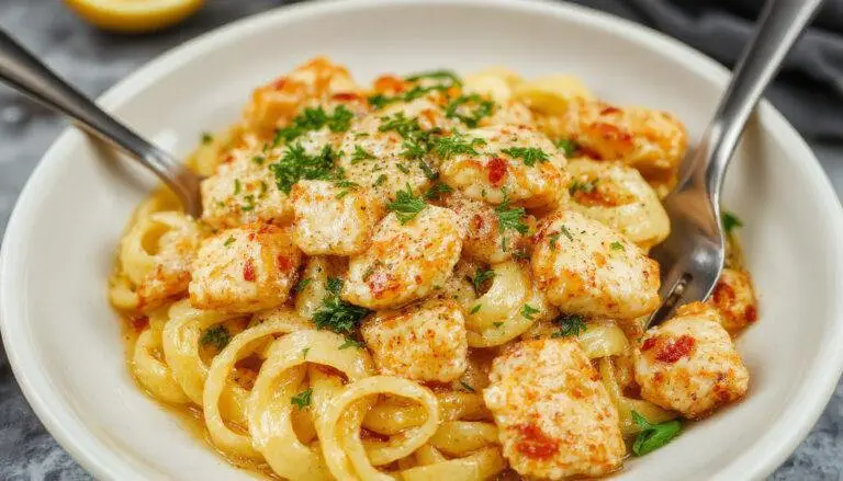 A steaming bowl of creamy lemon garlic chicken pasta garnished with fresh parsley, showcasing tender chicken pieces, al dente pasta, garlic and lemon slices, all coated in a rich, creamy sauce, with a sprig of parsley on top.