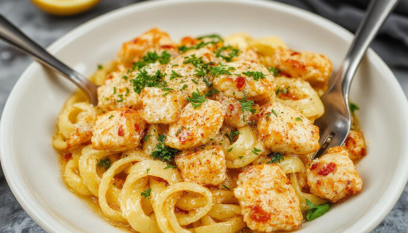 A steaming bowl of creamy lemon garlic chicken pasta garnished with fresh parsley, showcasing tender chicken pieces, al dente pasta, garlic and lemon slices, all coated in a rich, creamy sauce, with a sprig of parsley on top.