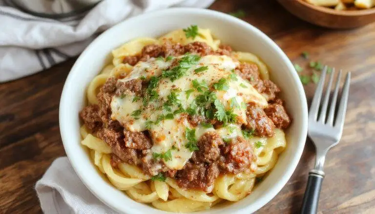 A steaming bowl of creamy ground beef pasta topped with freshly chopped parsley, showcasing tender pasta coated in a rich, velvety sauce and browned ground beef bites, presented on a rustic wooden table with a sprinkle of cheese on top.