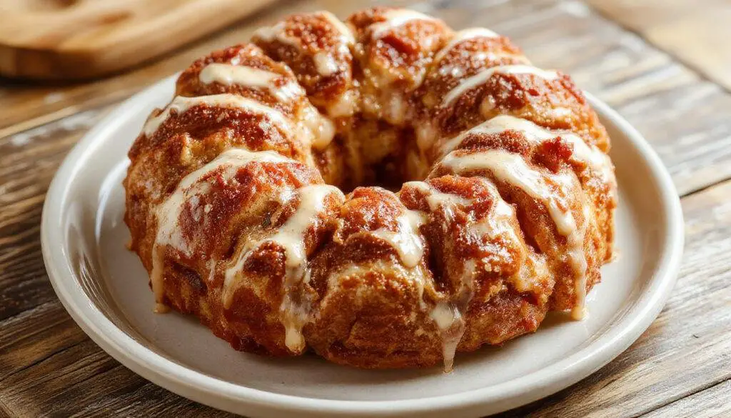 A close-up of a golden-brown, glazed monkey bread with cinnamon swirls, pulled apart to reveal its soft, gooey interior, garnished with a light dusting of powdered sugar.