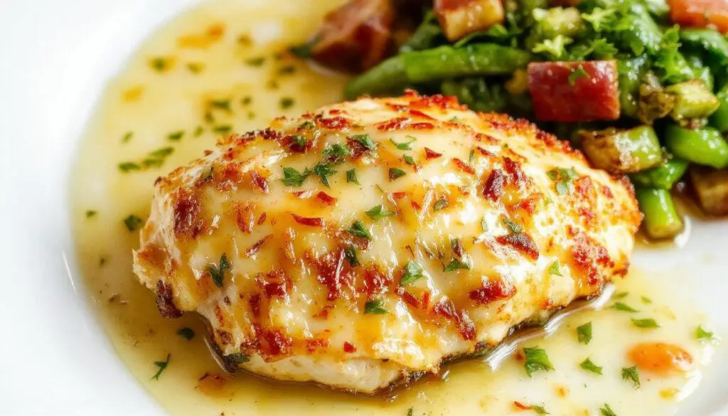 A golden-brown Parmesan crusted chicken breast topped with a drizzle of creamy garlic sauce, garnished with fresh herbs, served on a white plate with a side of steamed vegetables.